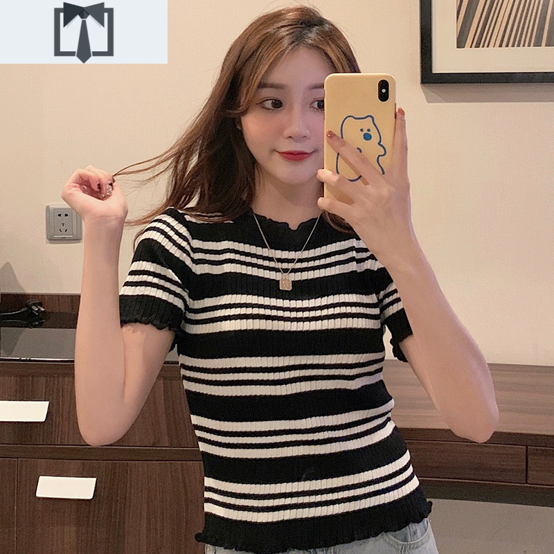 SUNTEK冰丝针织衫女短袖夏季薄款百搭修身紧身短款条纹木耳边t恤上衣潮毛衣