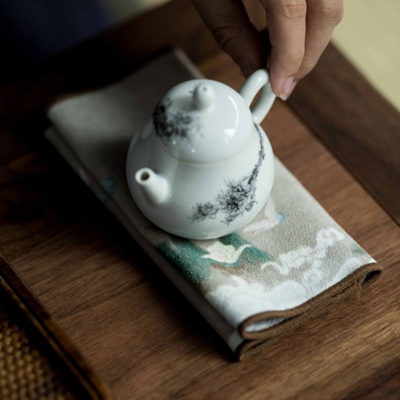 丝绒小方茶巾(荷花图) 默认 茶巾禅意彩绘丝绒吸水茶布小茶席茶壶隔热垫茶艺茶桌抹布茶道配件