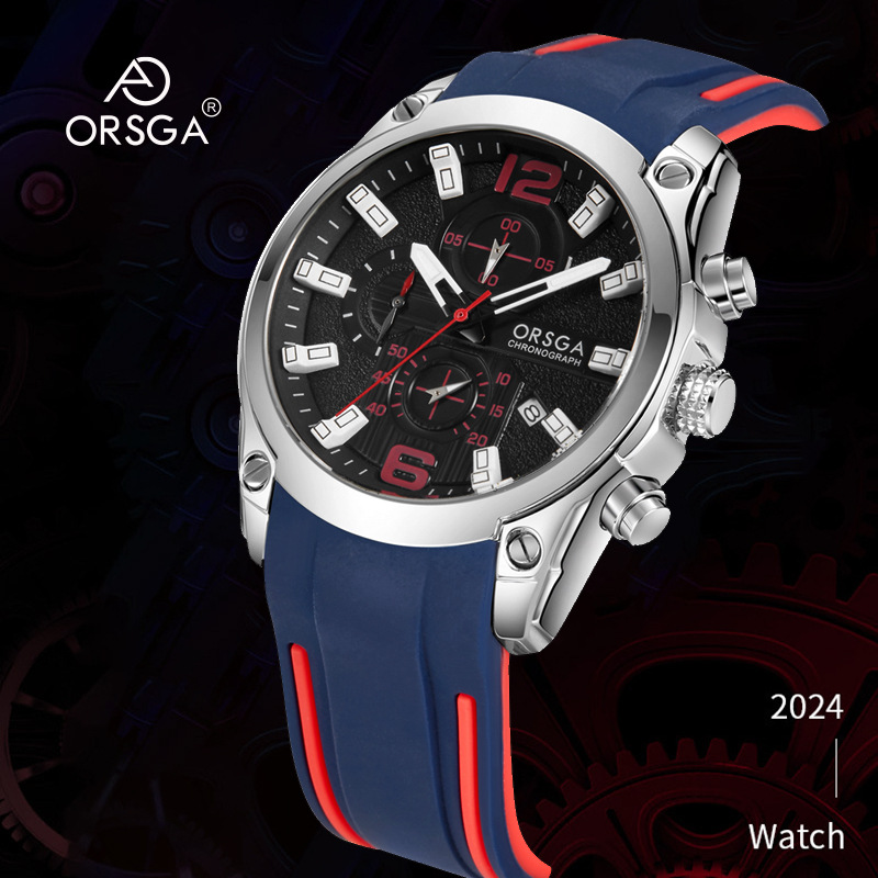 ORSGA手表男炫酷硅胶多功能男手表三眼六针潮流运动学生石英表双日历防水电子男士手表防水男表9003G高清大图
