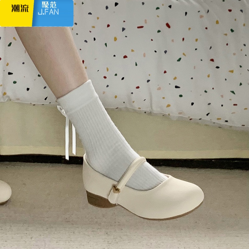 聚范圆头浅口复古百搭配裙子粗跟单鞋女2024新款夏季白色法式玛丽珍鞋高清大图