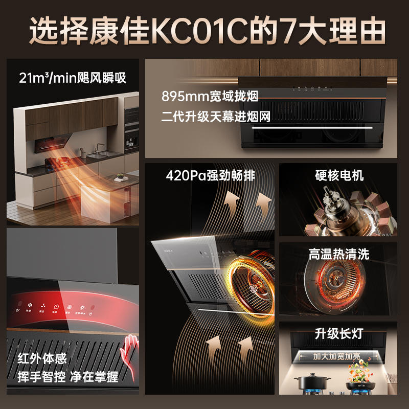 康佳(KONKA)抽油烟机燃气灶具套装 侧吸式21m³/min大吸力挥手自清洗烟灶两件套装 KC01C+B500Y天然气高清大图