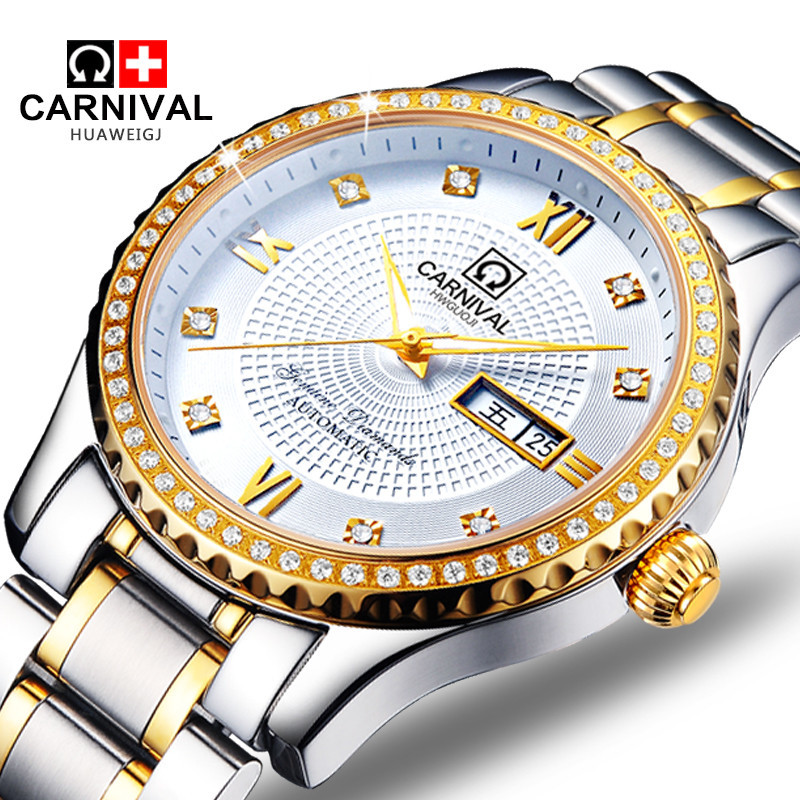 嘉年华CARNIVAL手表新款男士全自动机械表 男表时尚满天星镶水钻防水夜光精钢带腕表双日历星期显示休闲商务复古8629高清大图
