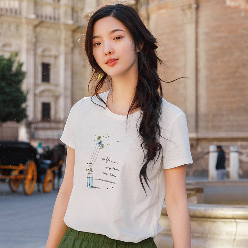 茵曼inman夏装新款圆领印绣花简约百搭短袖恤女1882022082