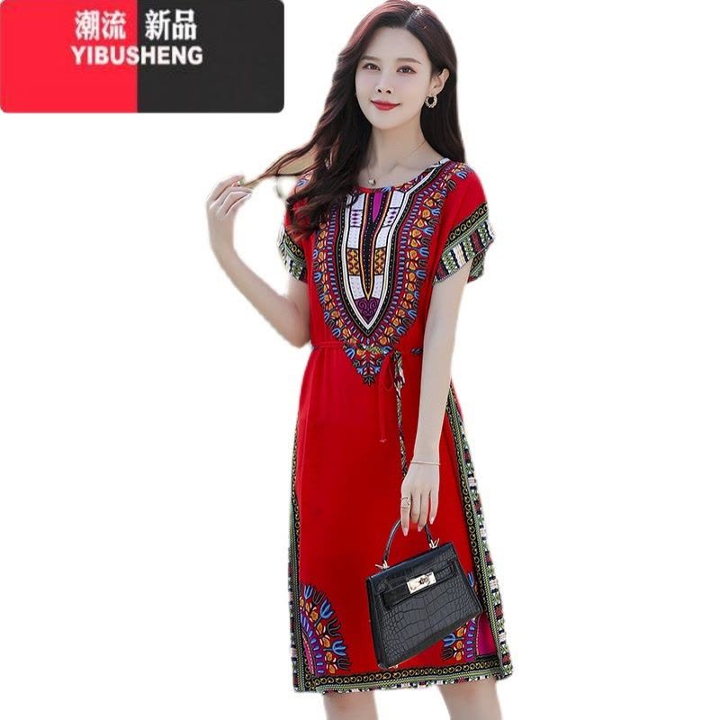 YIBUSHENG中长款民族风睡裙泰国海边沙滩无袖宽松大码遮肉过膝妈妈装连衣裙图片