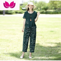 七斓新款中老年棉绸短袖套装女休闲外穿妈妈夏装人造棉大码上衣套 XL90-115斤 绿色