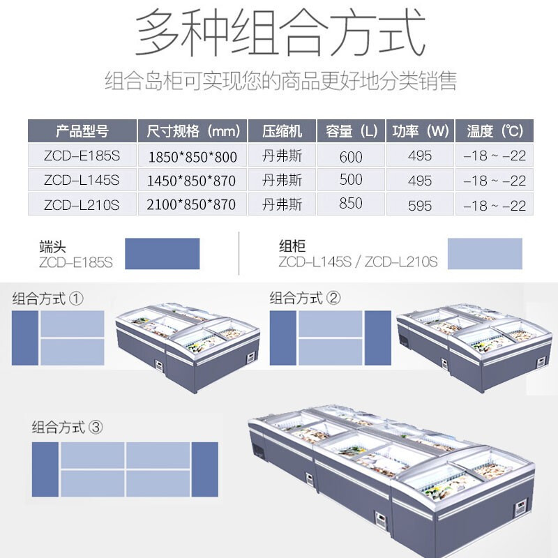 雅绅宝(Arsenbo)商用冰柜超市组合岛柜卧式冷藏冷冻展示柜汤圆水饺冰箱鲜肉柜子1850*850*800[自动除霜]
