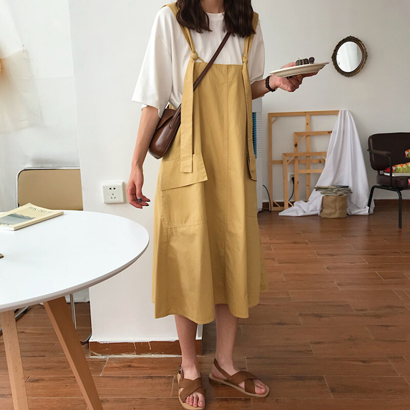 2018夏装韩版新款宽松纯色系带中长款背带裙女连衣裙长裙裙子学生卡其色均码