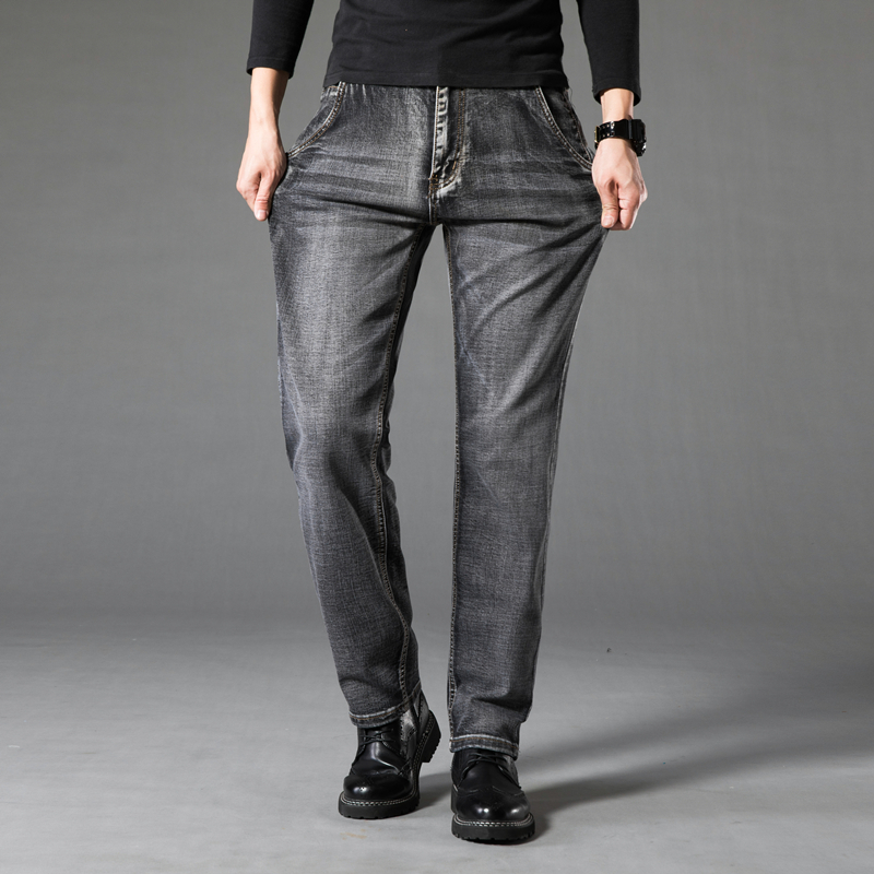 baluoshang防盗款男士牛仔裤秋季加大码高腰宽松直筒弹力胖子黑灰色