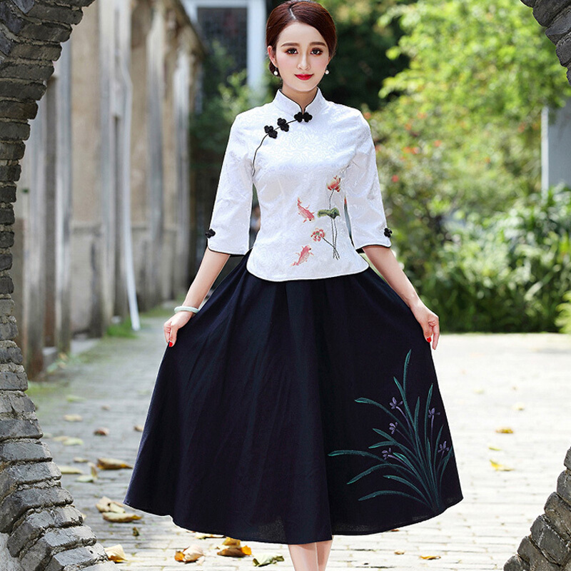 民国风女装唐装改良旗袍上衣中国风古装服装复古盘扣棉麻茶服套装浅蓝上衣+浅蓝手绘画大摆裙一套3005
