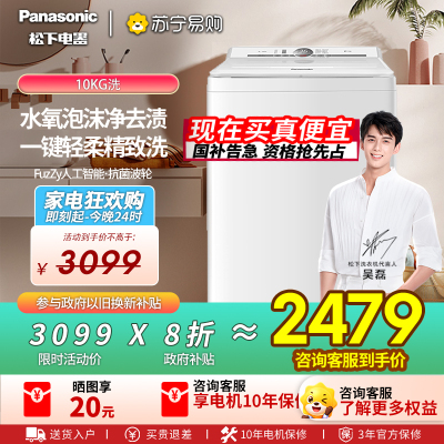 松下波轮洗衣机全自动10kg白月光不弯腰4.0轻享版 智能桶自洁内衣洗衣机 XQB100-U1F1