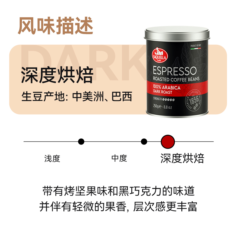 意大利进口圣贵兰阿拉比卡中度/深度烘焙咖啡豆250g原装罐装意式拼配