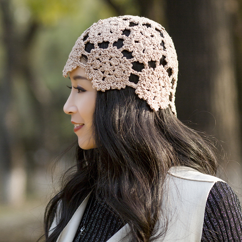 盛世尼曼帽子女春秋女士唯美镂空蕾丝夏季时尚贝雷帽包头帽手工编织