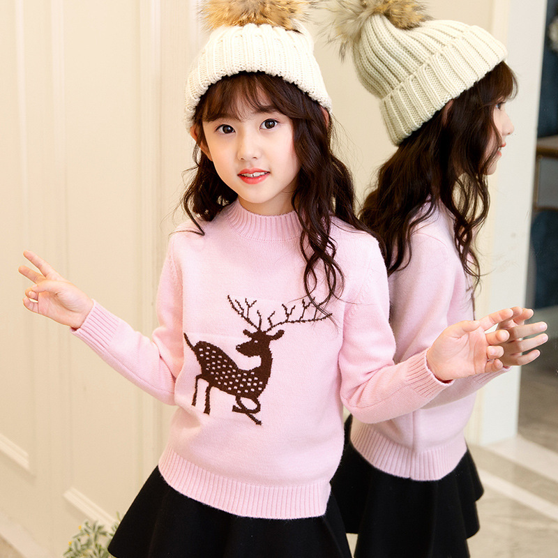 儿童秋冬季儿童女童冬装2019新款卡通套头打底衫毛衣线衫小鹿可爱线衫
