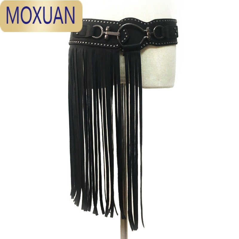 MOXUAN欧美个性长流苏裙子女士腰封时尚铆钉宽腰带松紧朋克风黑色皮带潮