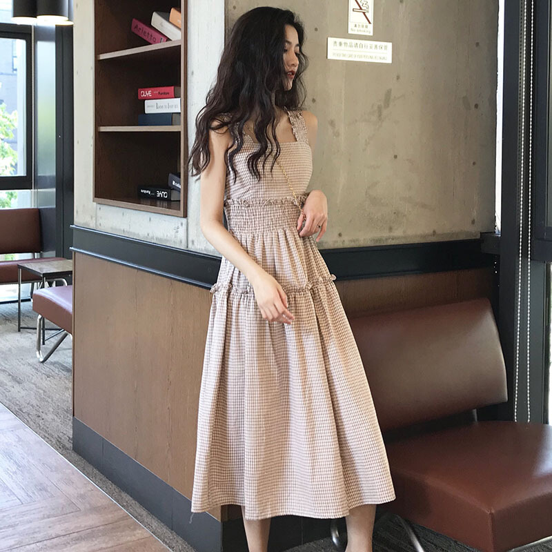 夏装韩版温柔风粉木耳边显瘦大下摆花边格子带连衣裙女粉格