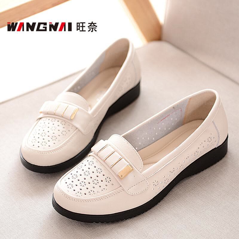 旺奈(WANGNAI)夏季真皮软底妈妈凉鞋洞洞镂空女皮鞋平底大码女鞋中老年女鞋软底奶奶老人皮凉鞋平跟牛皮舒适图片