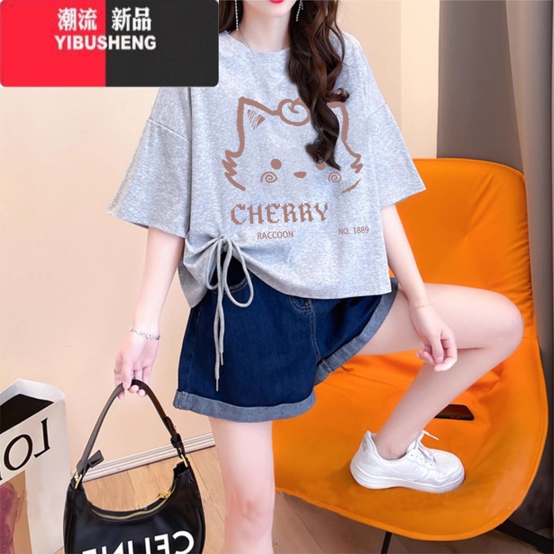 YIBUSHENG看小个子抽绳短袖t恤女季显瘦遮肉短款卡通上衣高清大图