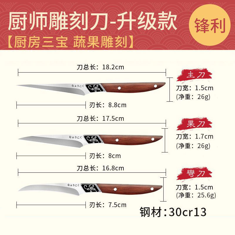 厨房雕刻刀厨师雕花主刀套装装食品雕刻刀蔬菜水果拼盘雕花刀W8169 【花纹手柄】升级厨师雕刻刀-+三件套