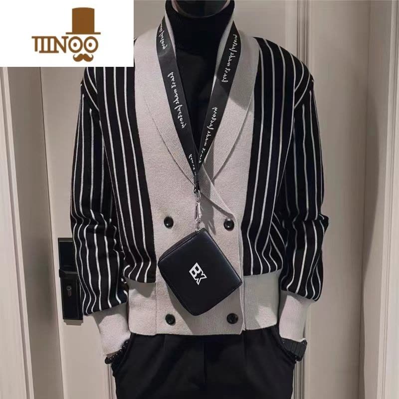 YANXU感假开衫毛衣男韩版潮流小众设计感条纹修身针织衫外套潮图片