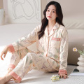 春秋季新款长袖开衫家居服棉质睡衣女款休闲宽松翻领两件套可外穿 女L E8908