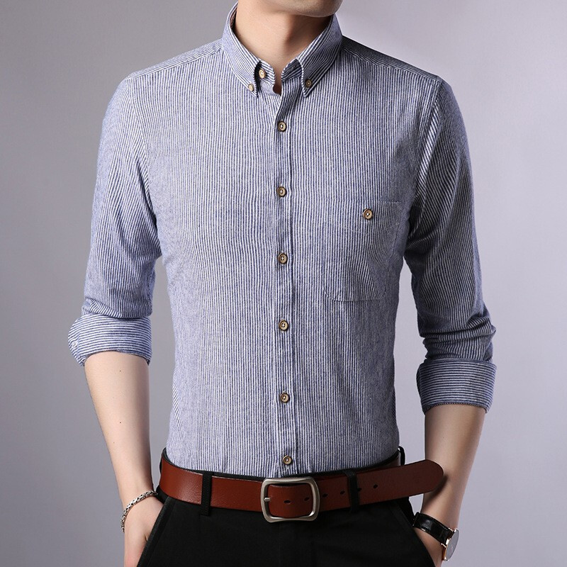 梵克公牛长袖竖条纹衬衣男季男式休闲衬衣内穿外搭衬衫