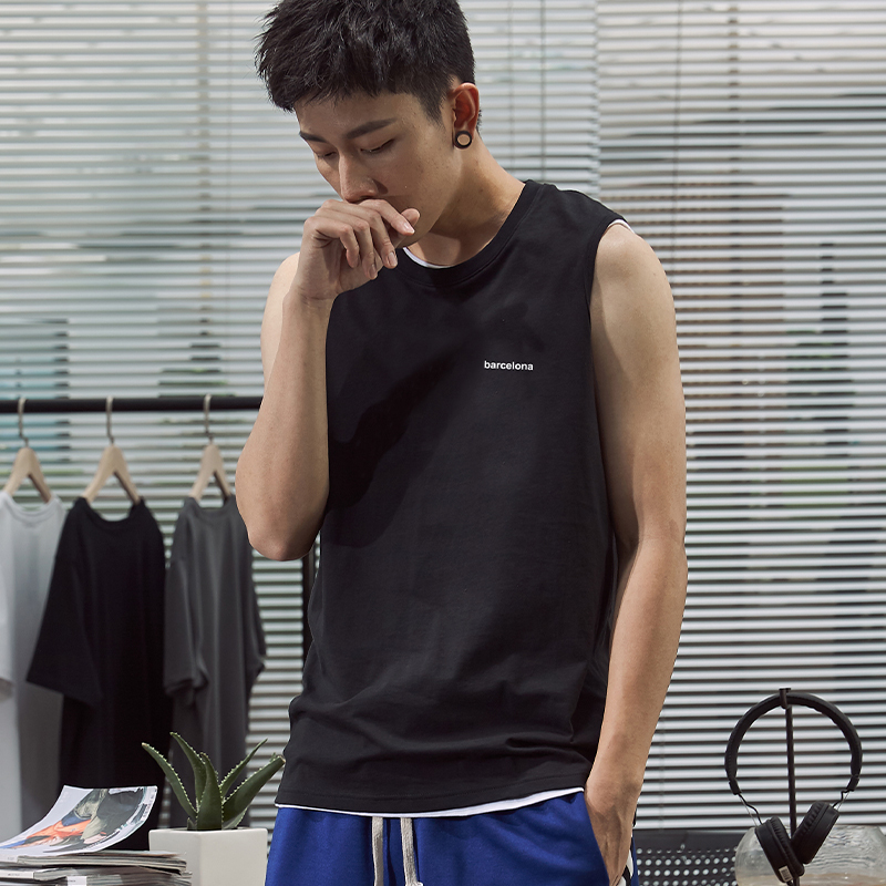 5折价499元唐狮夏季新款背心无袖t恤男学生字母印花坎肩上衣运动潮