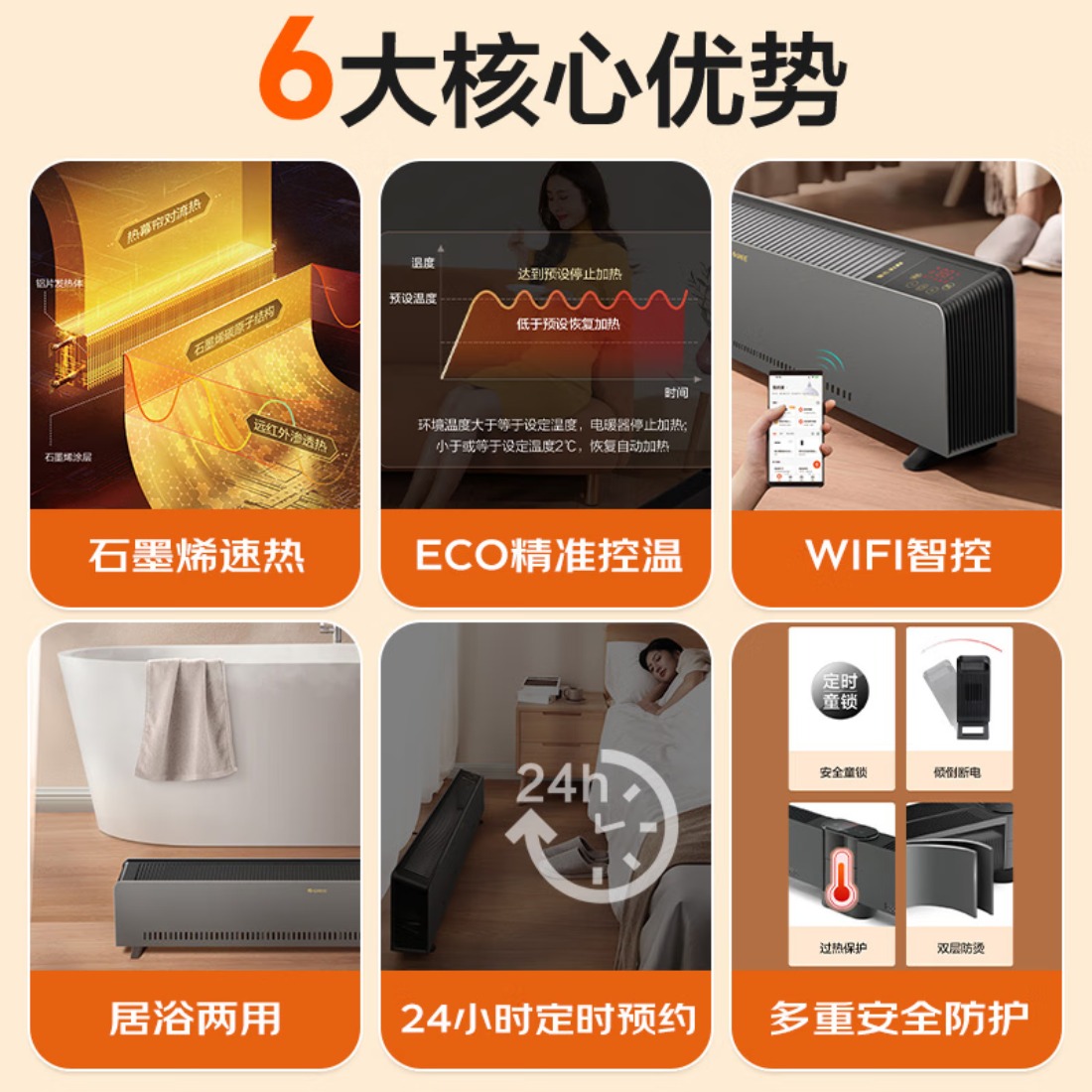 格力(GREE) WIFI踢脚线取暖器家用家电暖气片电暖气石墨烯取暖器电热器移动地暖浴室电暖器NDJC-X6022Ba