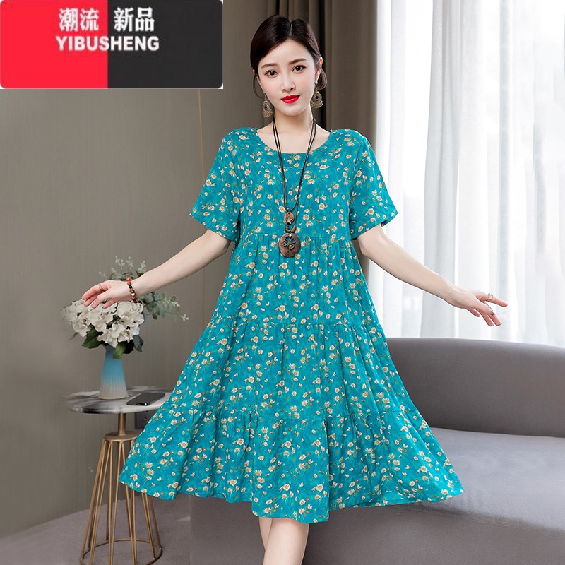YIBUSHENG棉绸连衣裙女季大码时尚年轻妈妈装气质甜美孕妇碎花中装妈气裙 XL建议90-115斤 7号