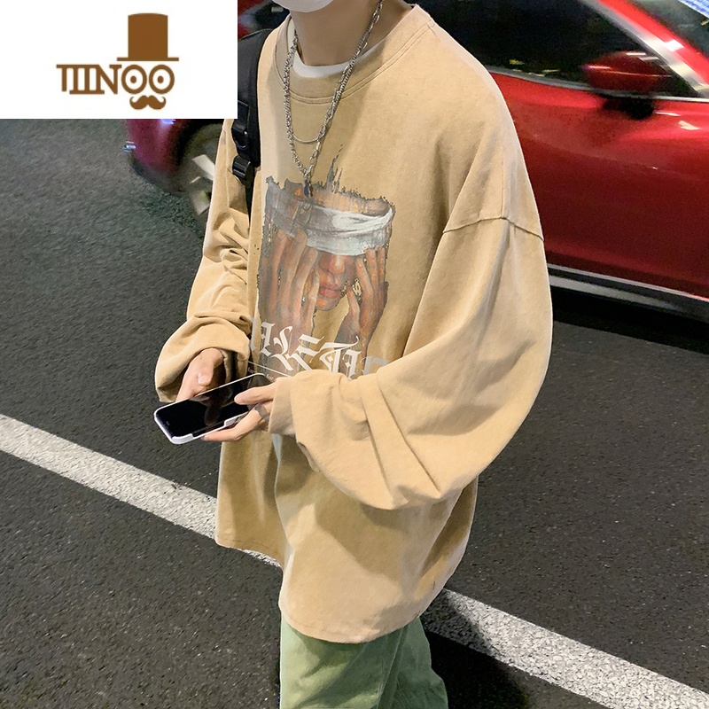 YANXU欧美高街vibe加绒卫衣男潮牌美式水洗做旧无帽长袖T恤高清大图