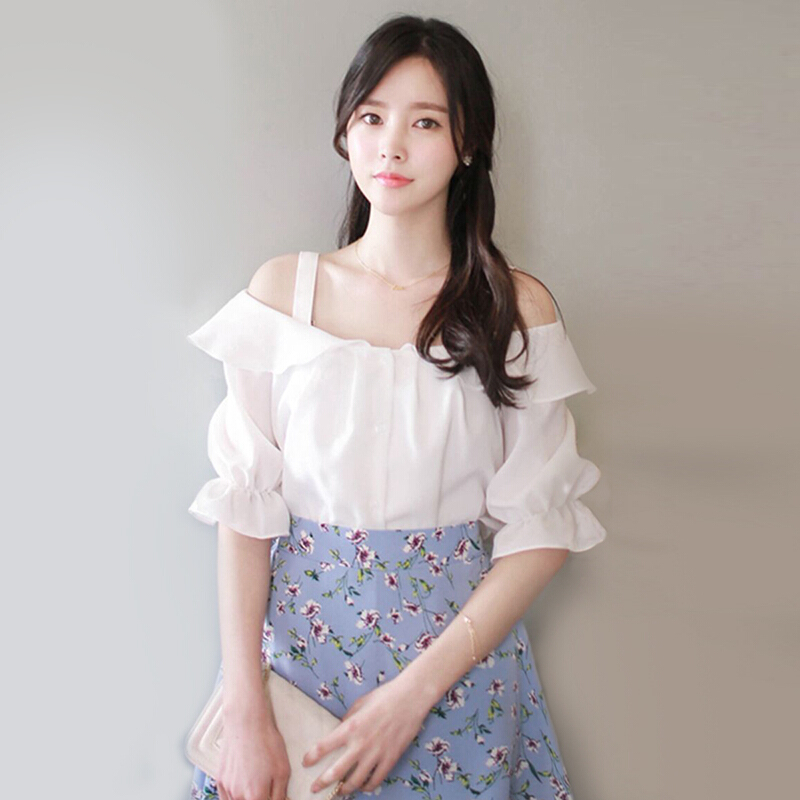 夏雪纺衫女短袖学生韩版百搭超仙甜美带漏两肩一字领露肩上衣女白色