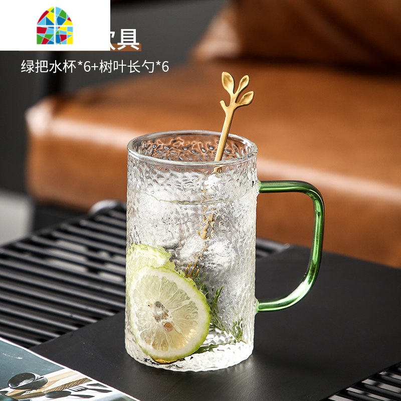 北欧轻奢水杯套装杯具家用喝水玻璃杯子客厅茶具茶杯冷水壶带托盘 FENGHOU 祖母绿水具-水杯勺x6凉水壶