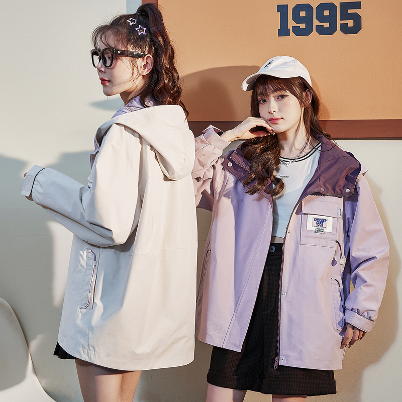 【1.5折价111元】唐狮新款工装外套女春秋休闲冲锋少上衣韩版连帽夹克潮酷