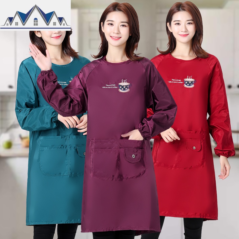 防水围裙女时尚厨房家用塑料水产专用工作服防油红色围腰做饭罩衣 三维工匠高清大图
