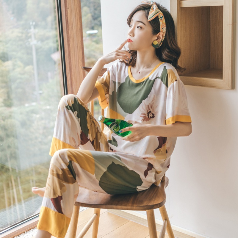 睡衣女夏季薄款棉绸套装女短袖短裤可爱宽松绵绸家居服两件套莎丞