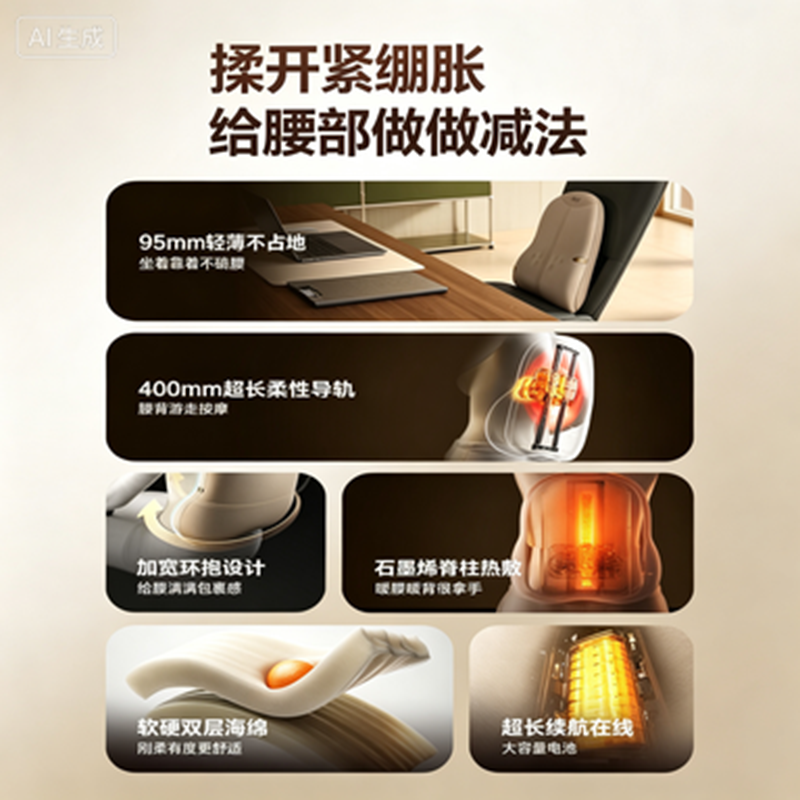 艾诗凯奇SKG T7-2豪华版揉捏按摩椅垫 电加热温感热敷 机械式调节 安全设计高清大图