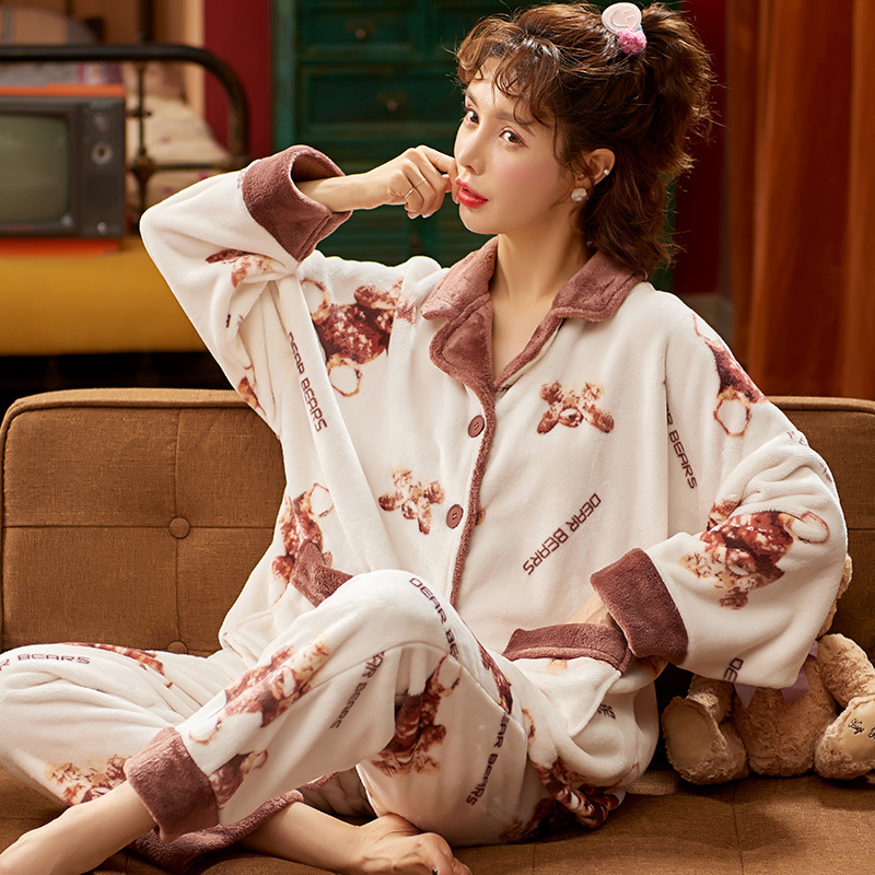 猫人睡衣女冬法兰绒加绒加厚珊瑚绒长袖套装可外穿保暖卡通可爱少女