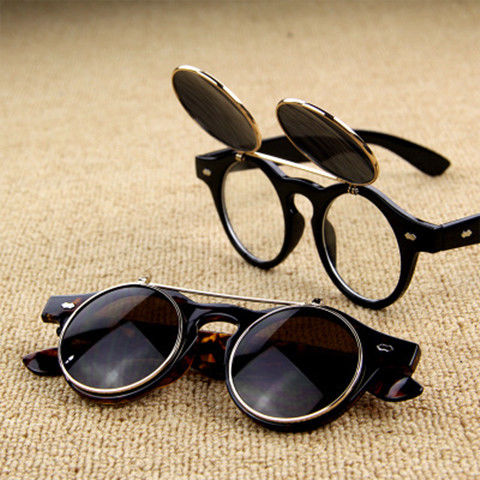 朋克翻盖双层复古个性太阳镜金属小圆框男女摇滚墨镜小脸太阳眼镜