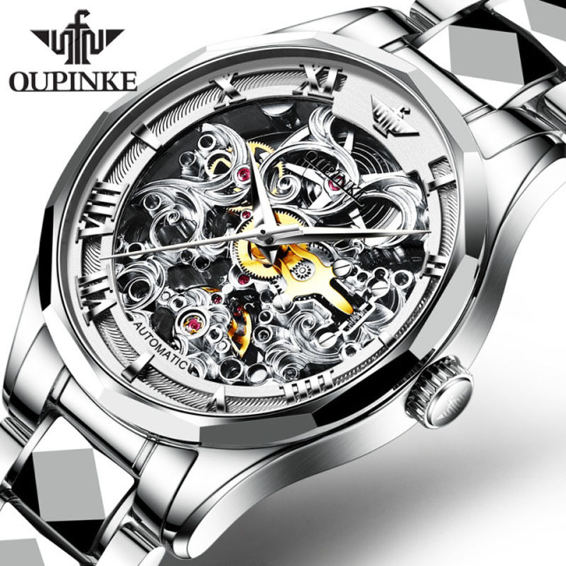 瑞士品牌欧品客手表男全自动机械表男士镂空飞轮手表新款防水精钢时尚