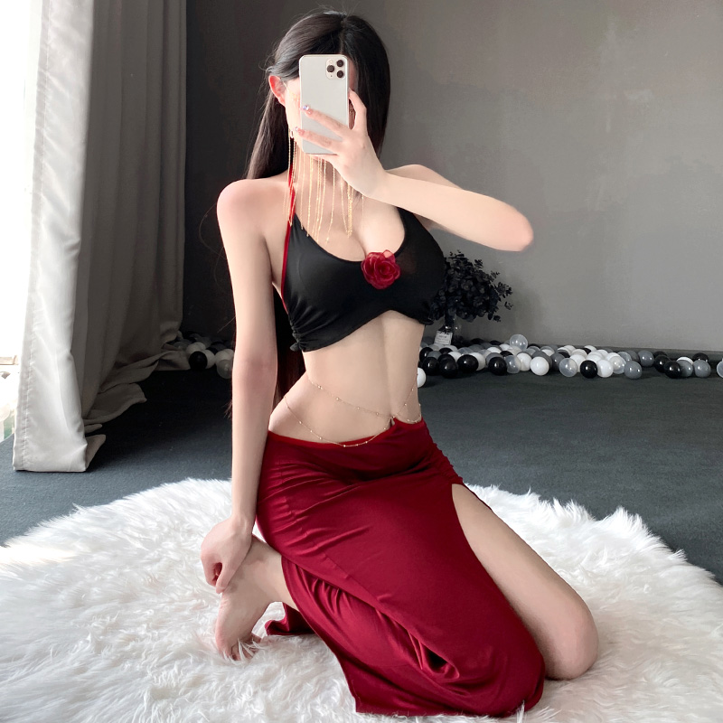 霏慕性感情趣内衣金链饰腰性感露背套装6615女式情趣睡衣制服床上衣服高开叉长裙高清大图