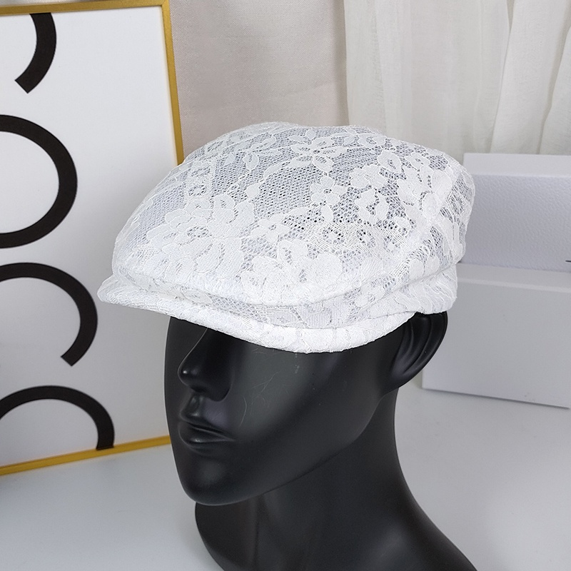 韩版潮透气蕾丝帽子女夏天出游防晒薄款前进帽英伦复古鸭舌贝雷帽白色