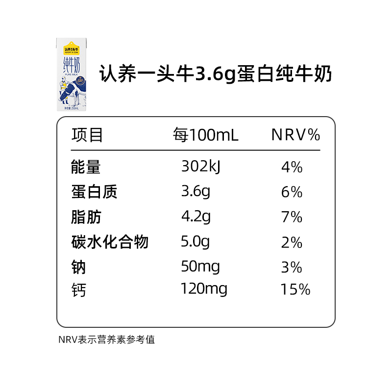 认养一头牛 一提装 3.6g蛋白纯奶 250ml*12盒(单位:提)高清大图