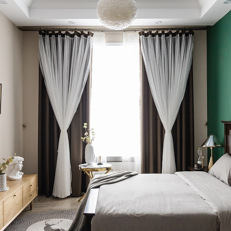 美帮汇北欧现代简约款星星棉麻全遮光窗帘布成品定制客厅卧室飘窗纱 米粒深咖丽莎（布纱一体） 平铺2.5米宽*2.1高打孔
