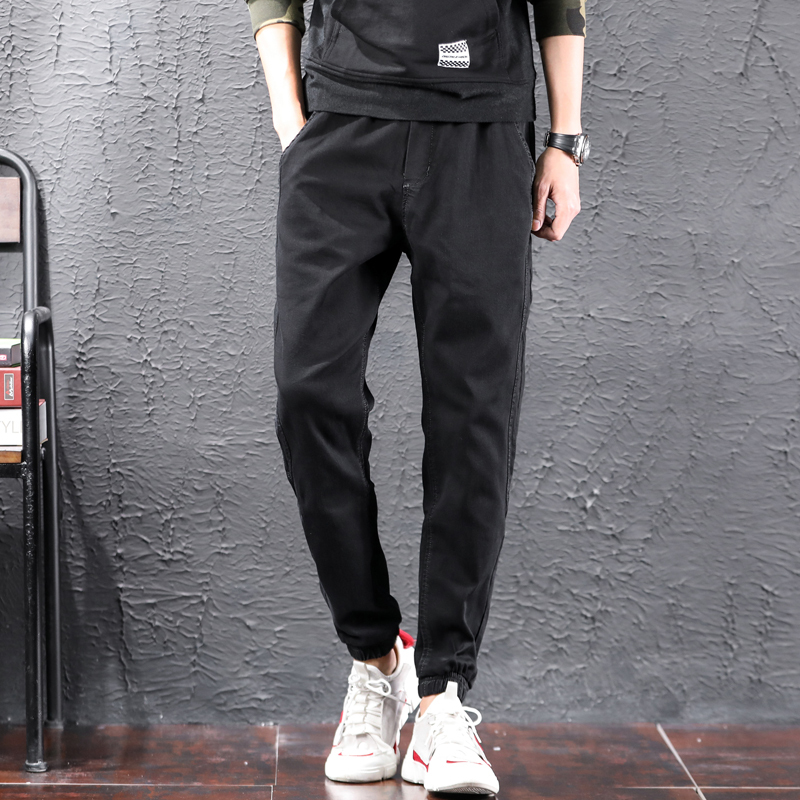 baluoshang男生秋冬潮牌灰色松紧腰牛仔裤男宽松无铁系带束脚裤加绒