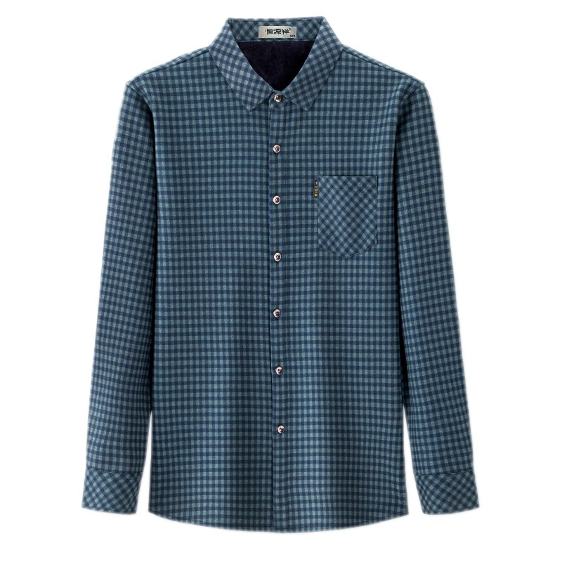 恒源祥保暖衬衫男士长袖加绒加厚格子高端男衬衣中年爸爸冬装