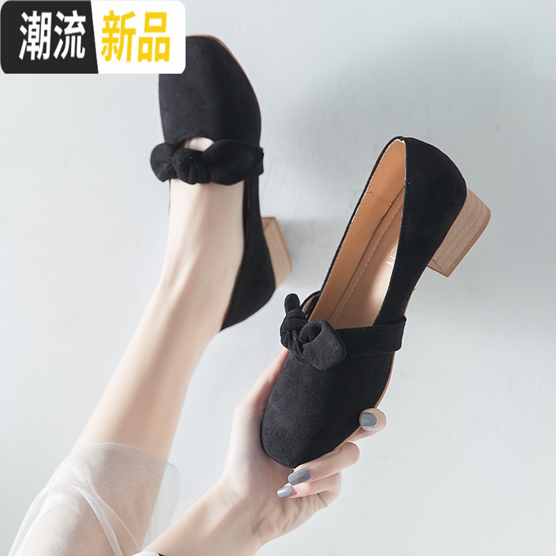 网红单鞋女2020春秋新款百搭粗跟温柔晚晚仙女豆豆鞋女高跟小皮鞋 广赫