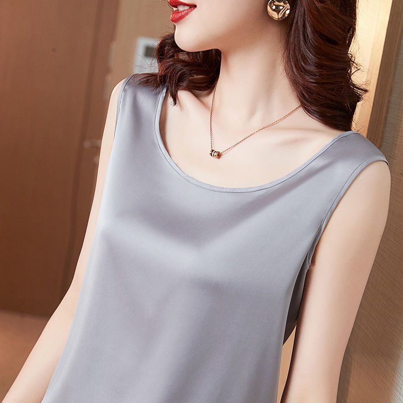 白色s90105桑蚕丝吊带背心女内搭西装圆领大码吊带上衣女外穿宽松无袖