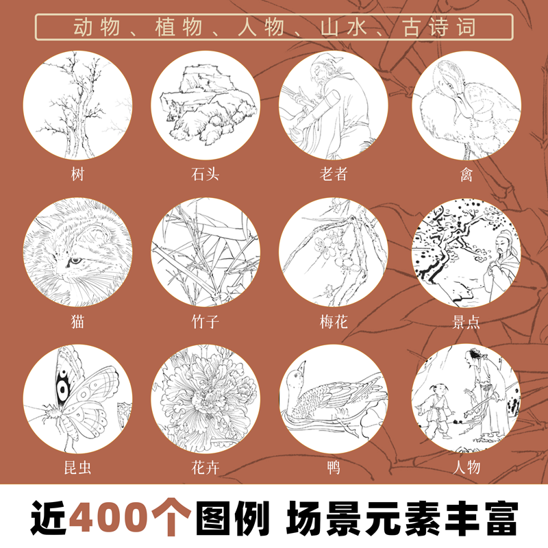 [单本]中国画白描 花鸟鱼虫篇 [正版]中国画白描描摹本六册 工笔画白描底稿临摹画册 动物人物花卉山水书法控笔国画入门高清大图