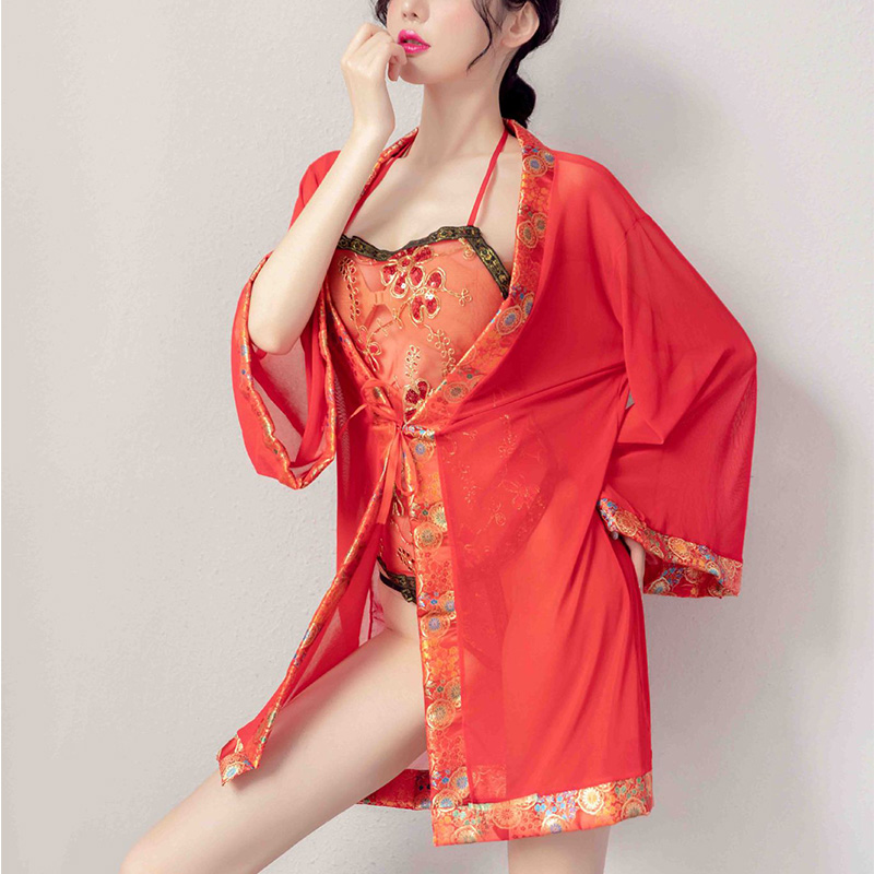 女士性感吊带肚兜V领睡袍丁字内裤女式情趣睡衣新娘蕾丝透视三点后入式运动职业套装学生情趣内衣全透明开档免脱长夜漫漫成人用品高清大图