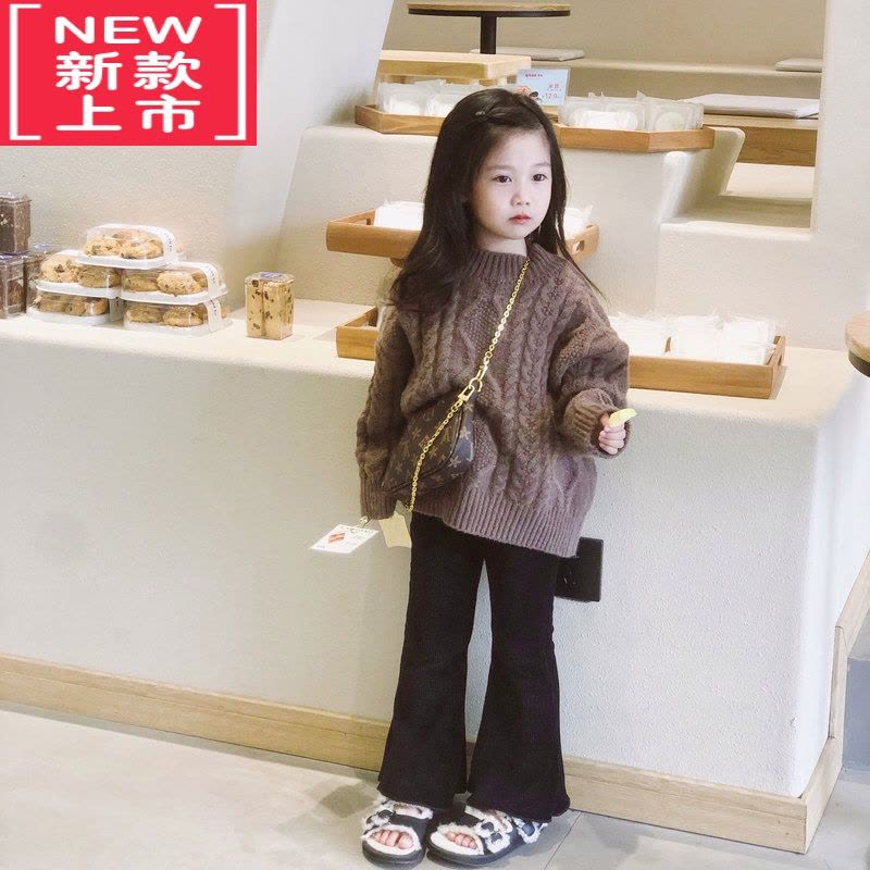 可莉允恬恬很甜 2022新款女童冬季慵懒风时髦咖色麻花百搭套头毛衣图片