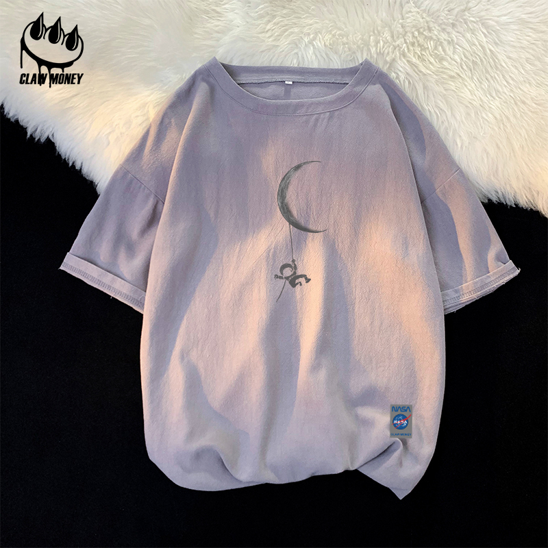 Claw money圆领棉麻短袖T恤男夏季休闲五分袖青少年百搭亚麻半袖
